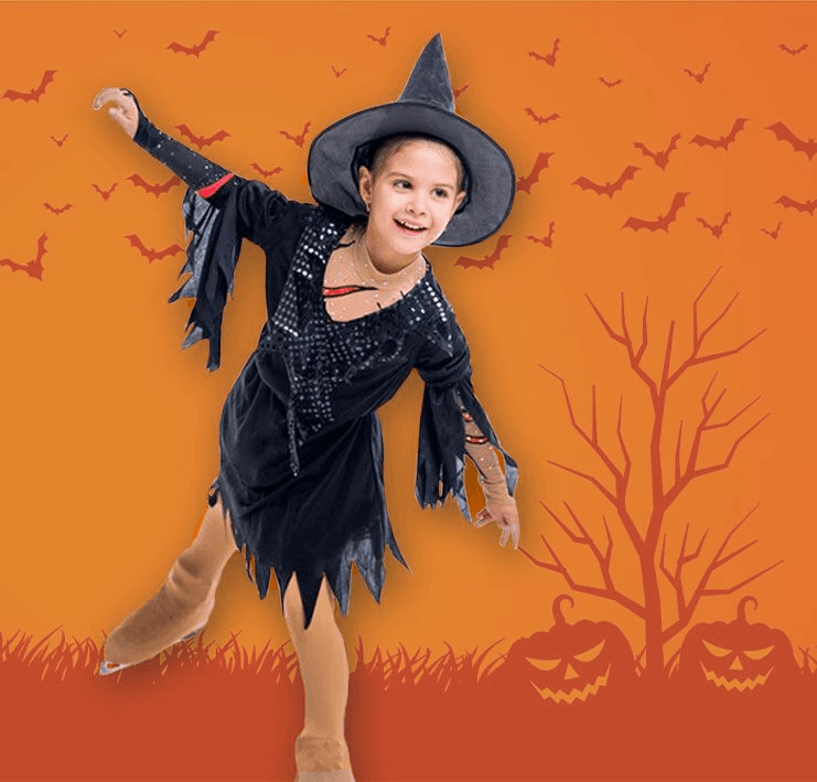 girl dressed as witch ice skating