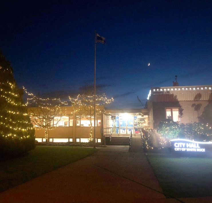 White Rock City Hall with Christmas lights