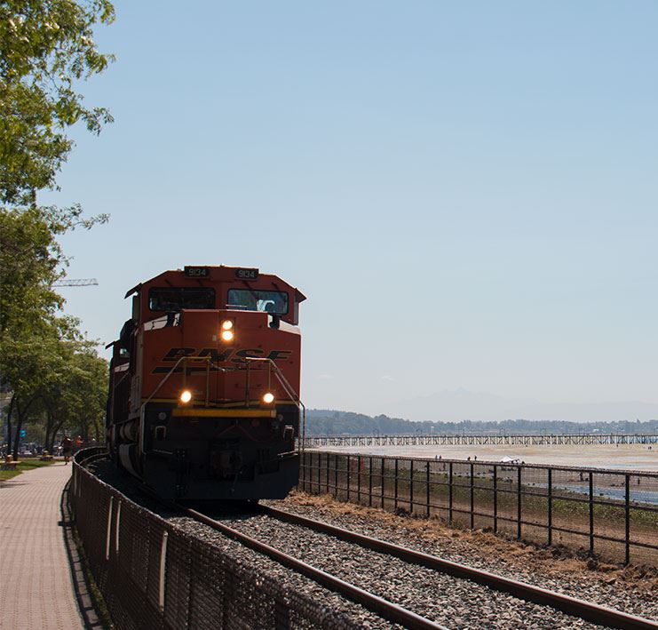 train on the railway along the beach waterfront