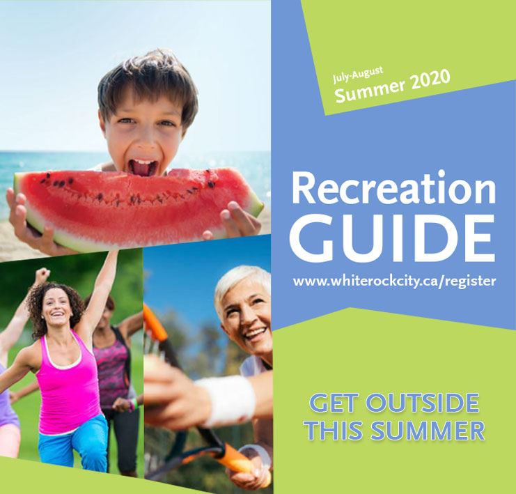 Summer 2020 Recreation Guide - Kid eating watermelon, senior woman playing tennis