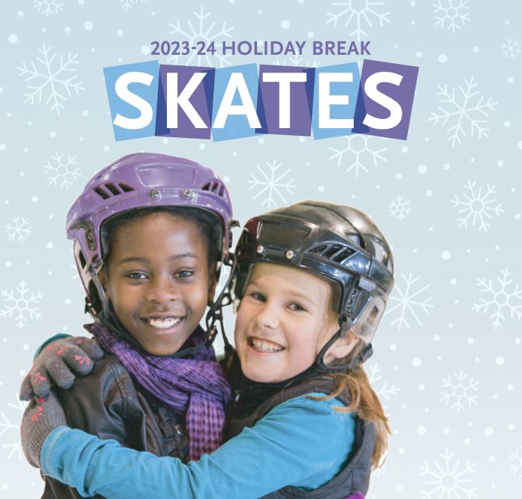 two girls hugging wearing ice skates and helmets