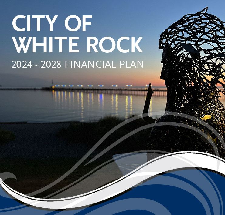 2024-2028 City of White Rock draft financial plan, merman sculpture overlooking water at sunset
