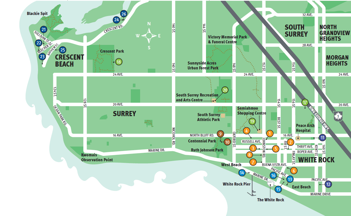 Map of White Rock and South Surrey, locations of Culture Crawl