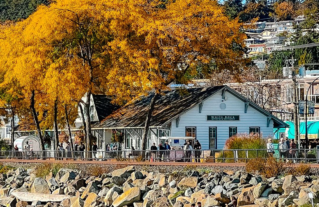 White Rock Museum & Archives exterior building with fall coloured leaves