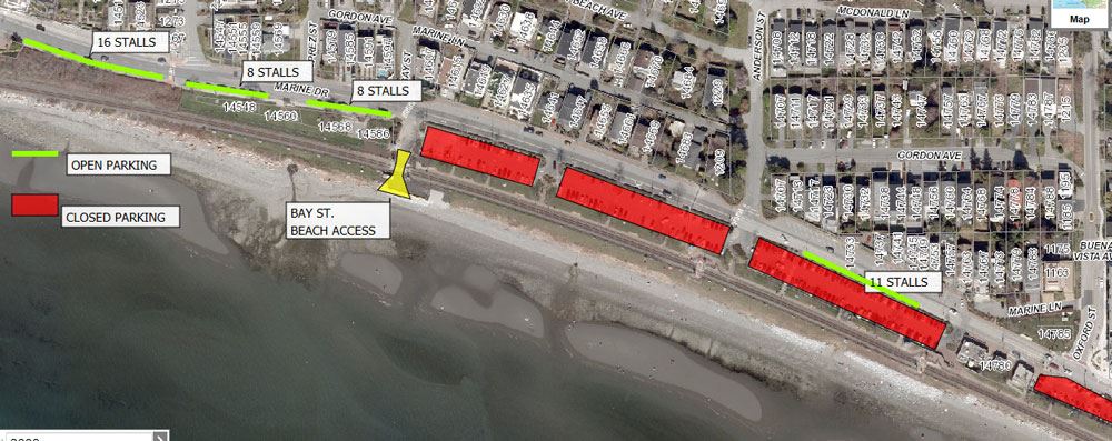 Satelite map of West Beach in White Rock, B.C. highlighting parking stalls and lots.