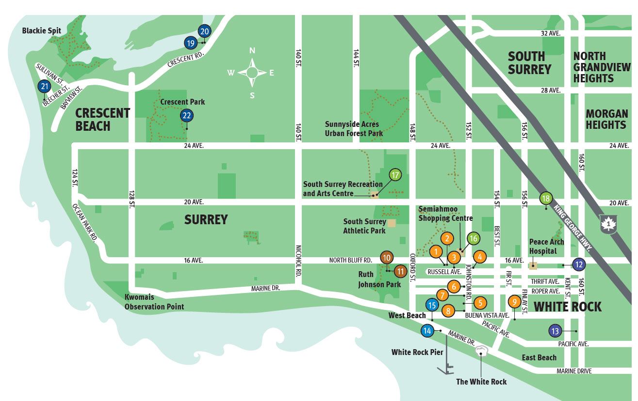 Map of White Rock and South Surrey, locations of art crawl