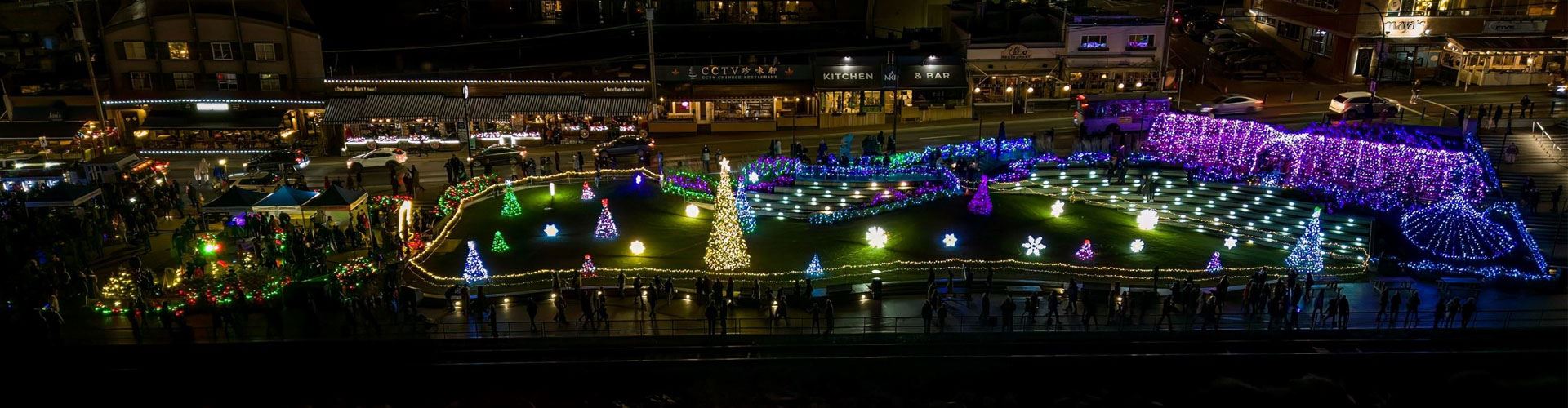 Christmas light display in park at nighttime. 